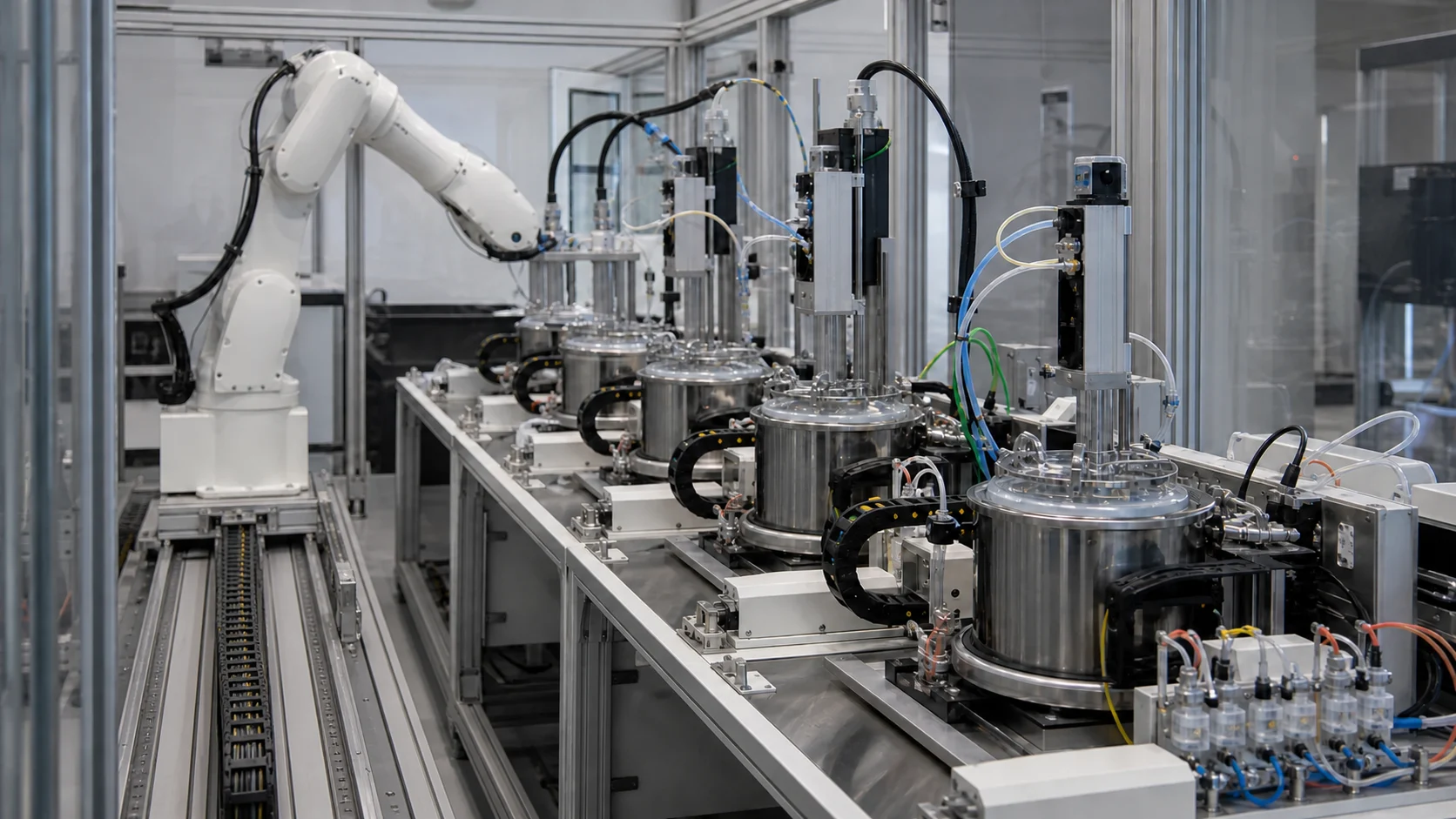 Concept visualization of an automated materials laboratory with a robotic arm serving repeated formulation and mixing stations.