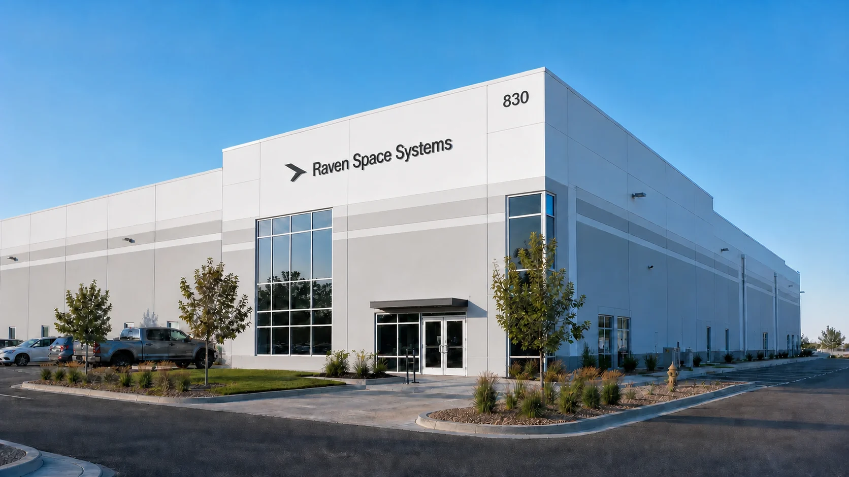 Architectural visualization of Raven Space Systems headquarters at a modern corner industrial facility in Broomfield, Colorado.